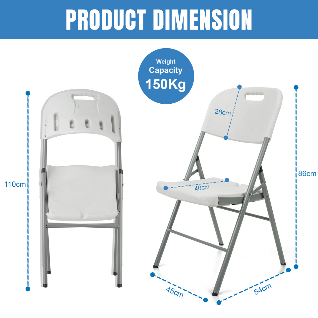 Set of 6 Heavy Duty Folding Chairs – White Plastic & Metal Frame