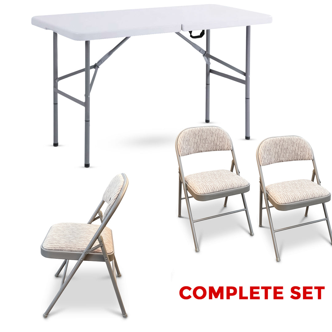 4ft Trestle Table with 2 Deluxe Fabric Padded Metal Folding Chairs