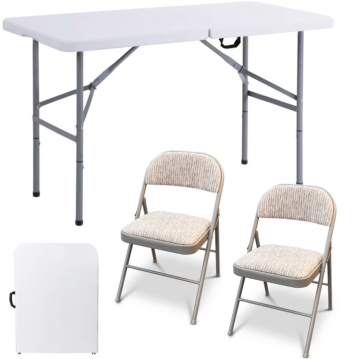 4ft Trestle Table with 2 Deluxe Fabric Padded Metal Folding Chairs