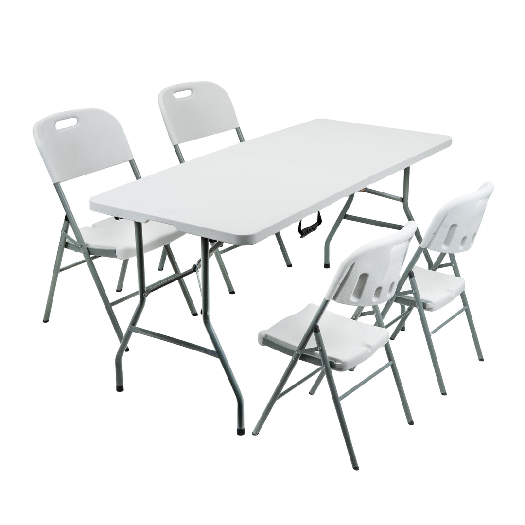 5ft Folding Trestle Table with 4 Metal Frame Plastic Chairs